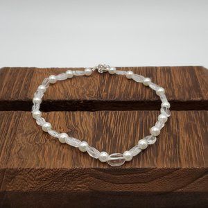 11 Inch 925 Sterling Silver Faux Pearls And Quartz Stones Ankle Bracelet